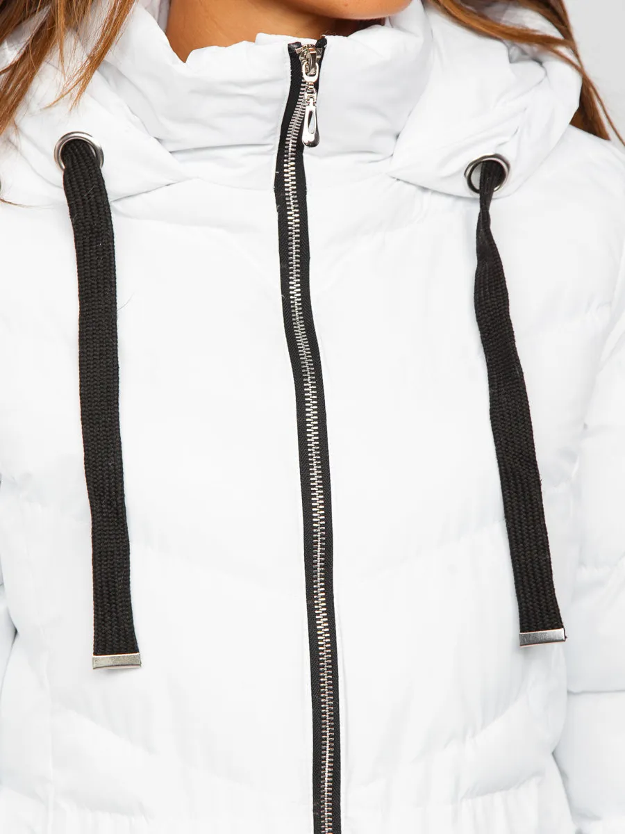 White women's long quilted winter jacket with hood