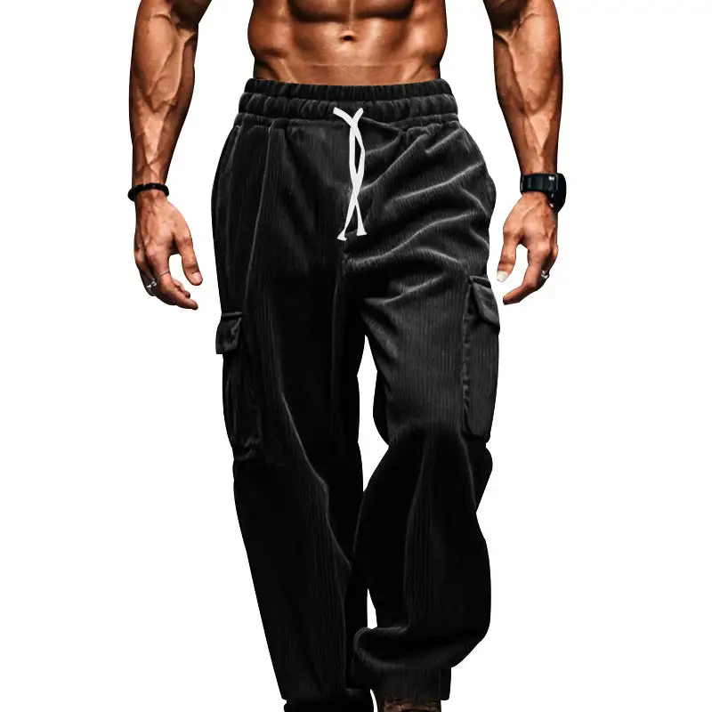 Men's Oversized Corduroy Cargo Pants with Elastic Drawstring Waistband and Multiple Pockets