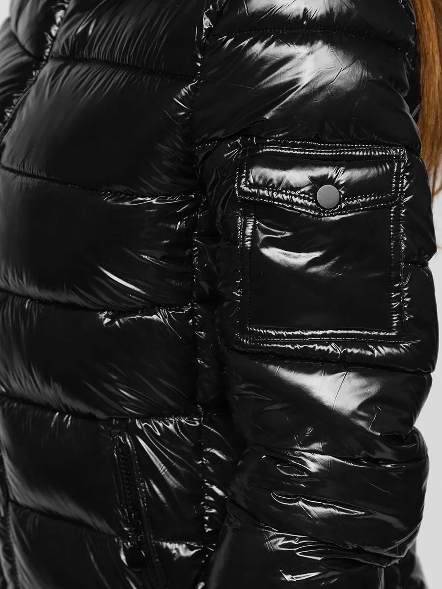 Black women's quilted winter jacket with hood