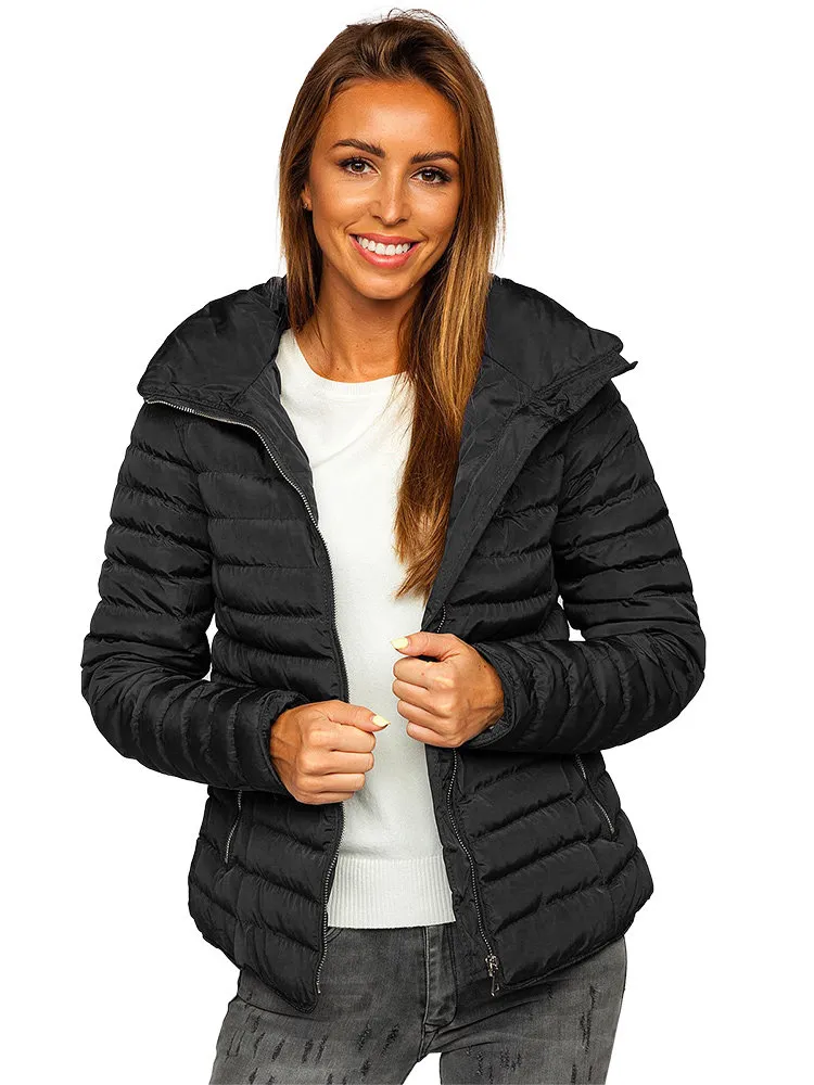 Women's Black Quilted Winter Jacket Without Hood