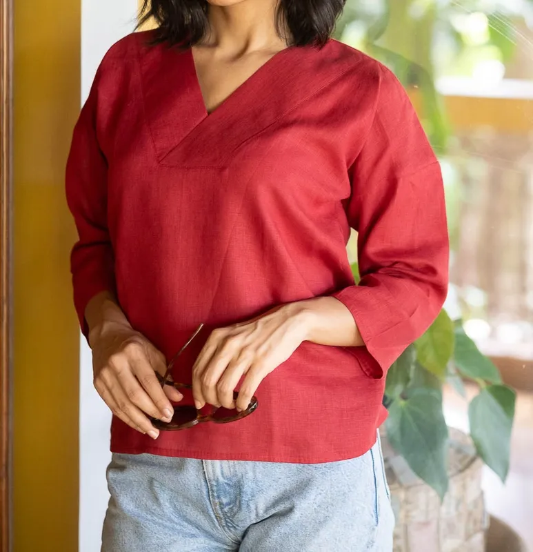 Rust Red Linen V-Neck Top