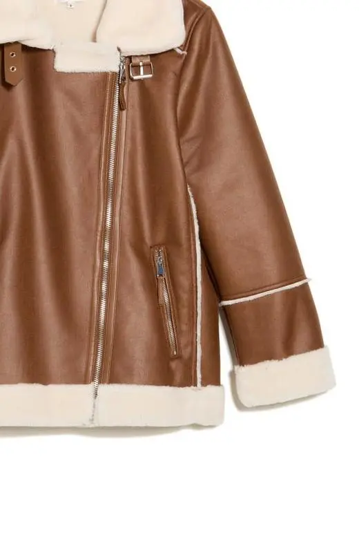 Faux Fur Trimmed Faux Leather Moto Jacket