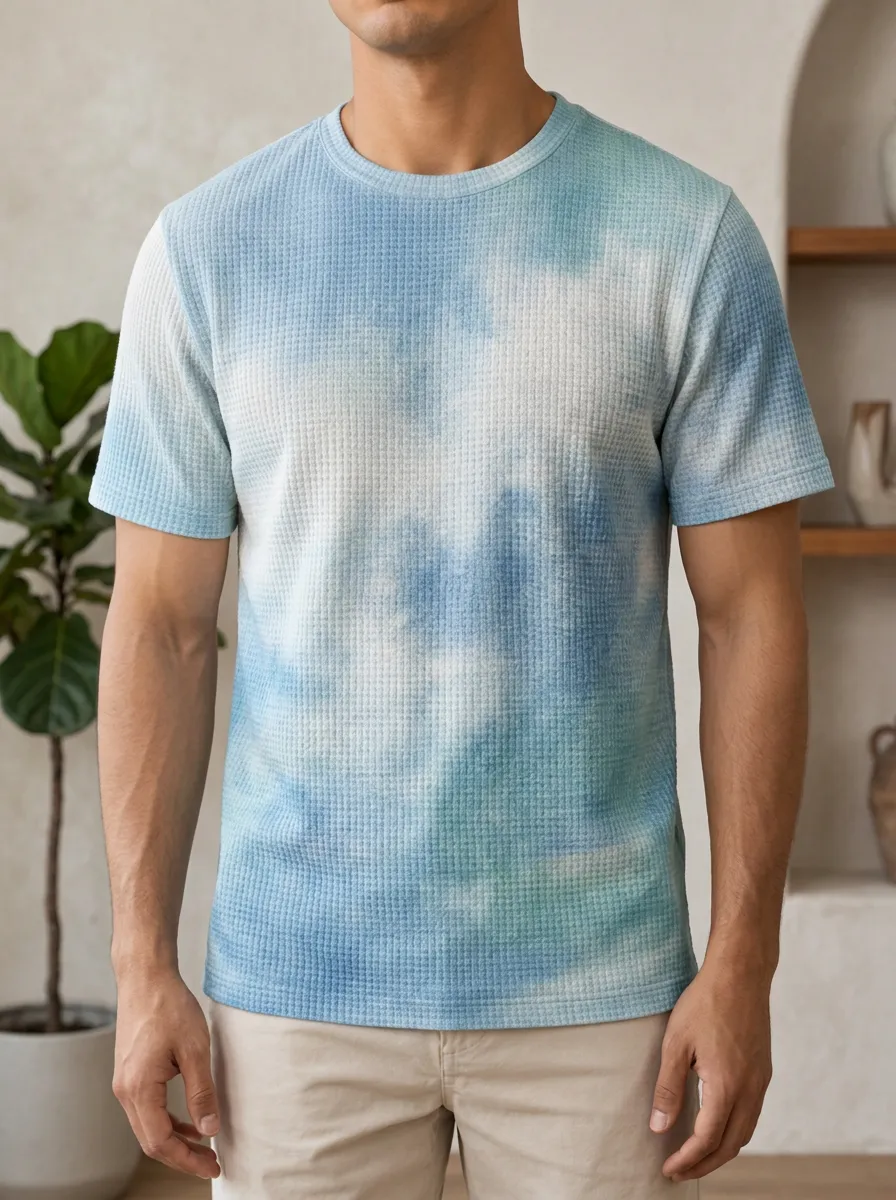 Men's Sky Cloud Pattern Waffle Knit Crew Neck T-Shirt