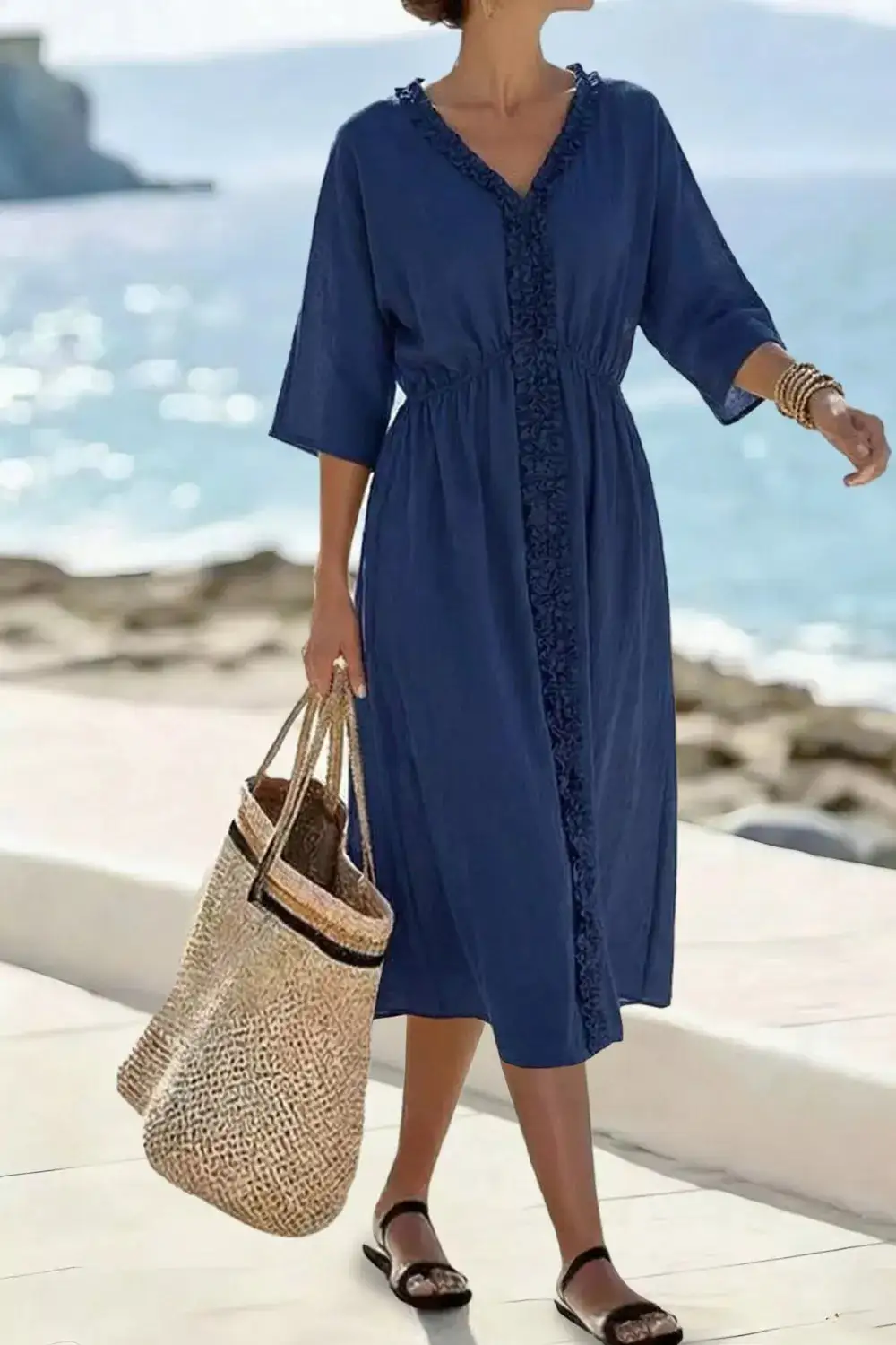 V Neck Ruffle Short Sleeve Midi Dress