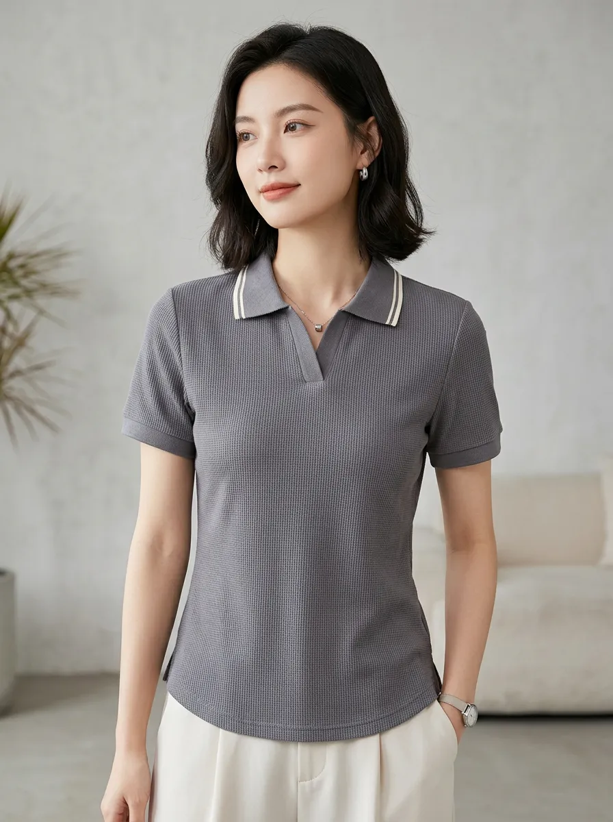Women's Casual Minimalist Waffle Knit Striped Collar Polo Shirt