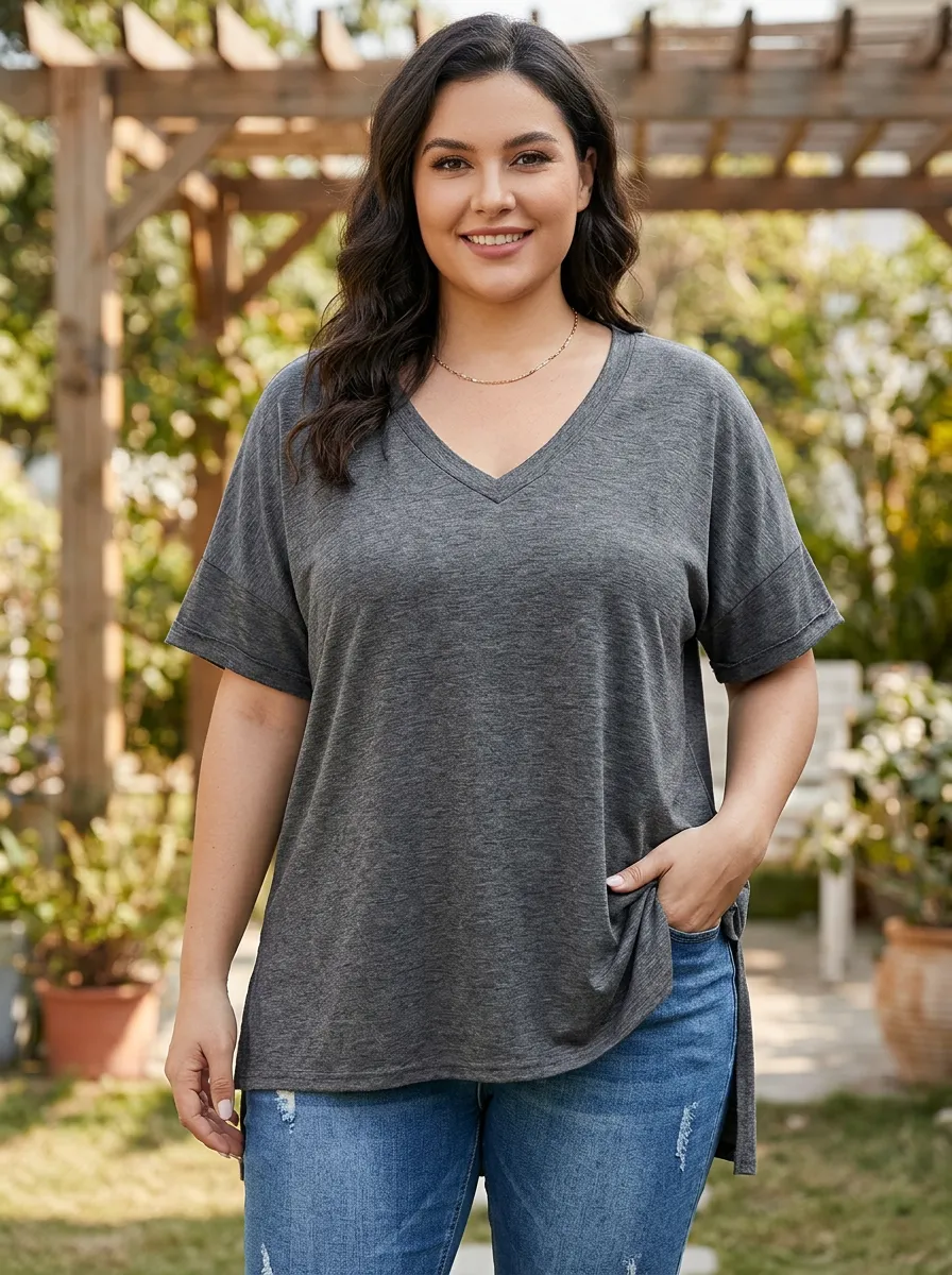 Women's Plus Size Casual Grey Solid V-Neck Loose T-Shirt