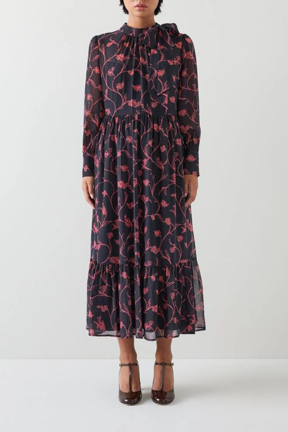 Dark Blue Pink Floral Long Sleeve Midi Dress