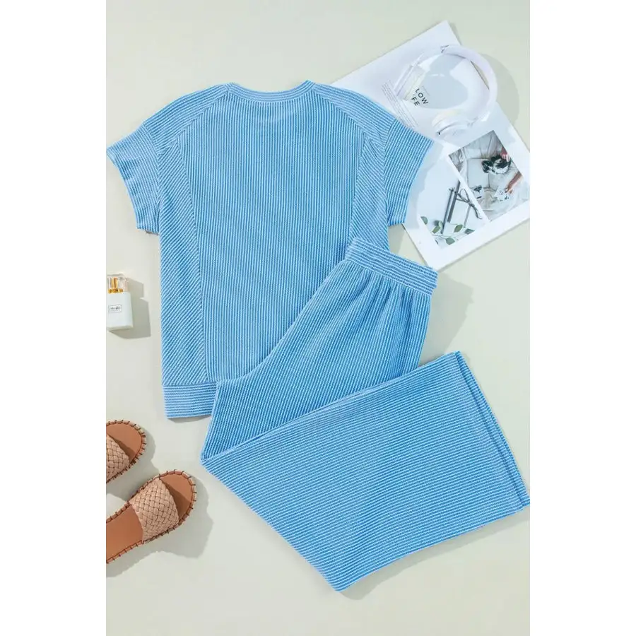 Ribbed Knit Round Neck Top and Pants Casual Set