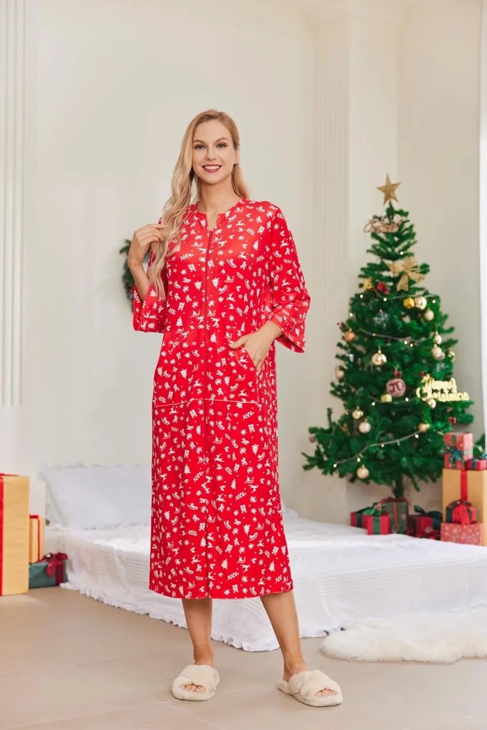 50% OFF Women Zipper Robe 3/4 Sleeves Loungewear Dress Full Length Sleepwear Pockets Housecoat Nightgown Long Bathrobe