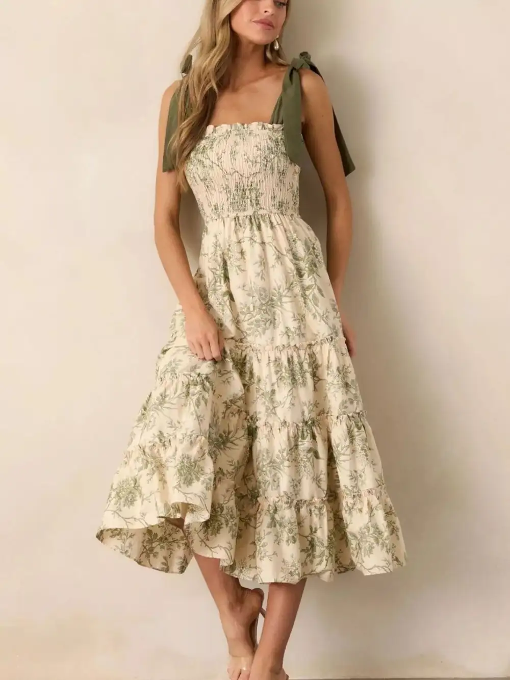 Drape Floral Printed Tiered Midi Dress