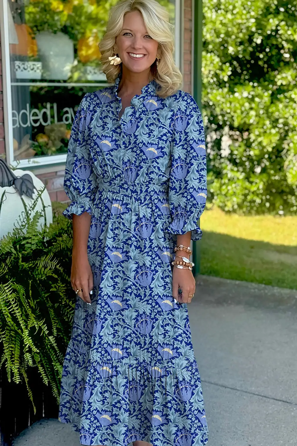 Lightweight Feel Floral Printed V Neck Dress