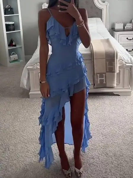 Irregular Ruffle Suspender Midi Dress