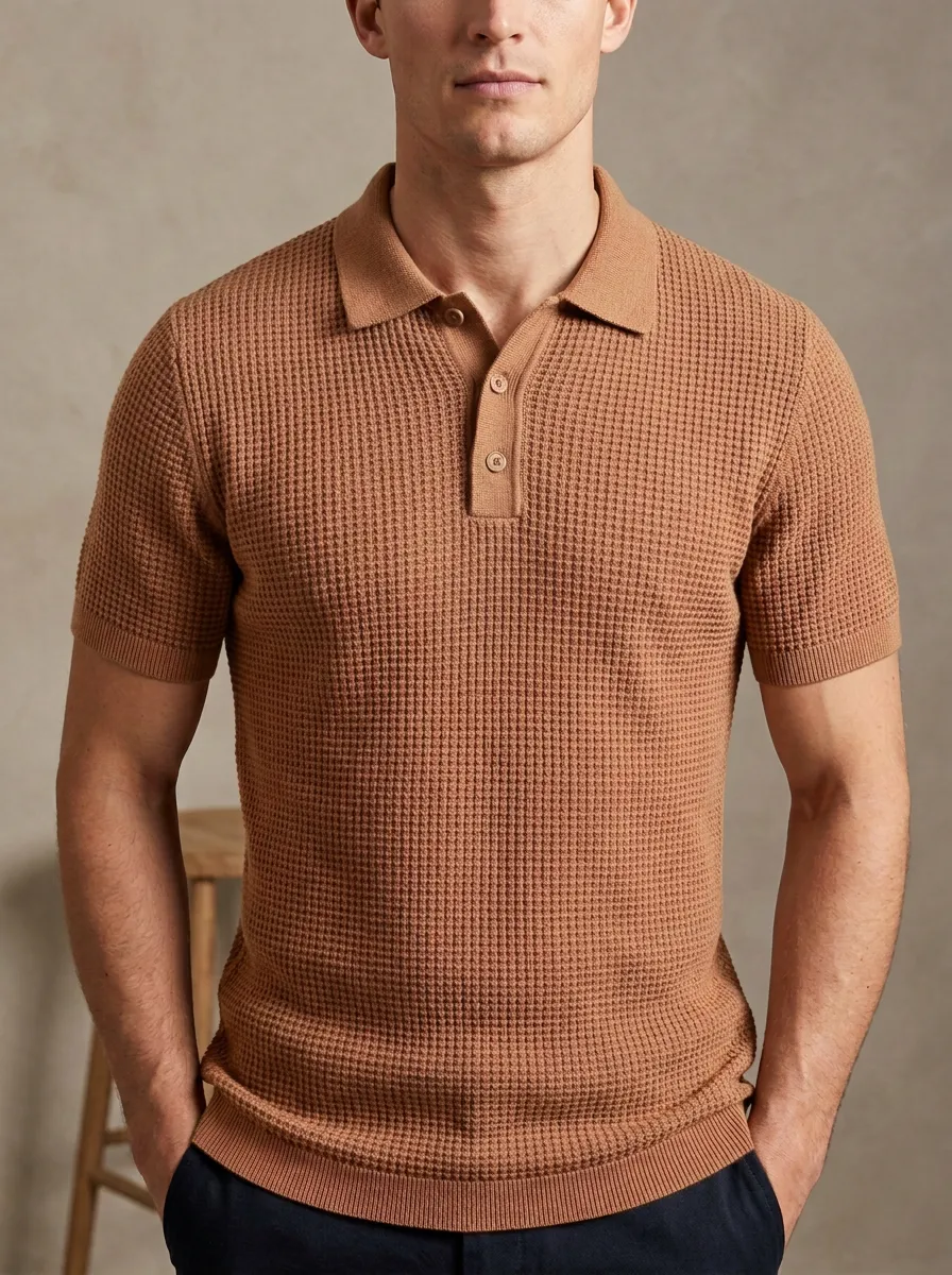 Men's Refined Textured Waffle Knit Polo Shirt