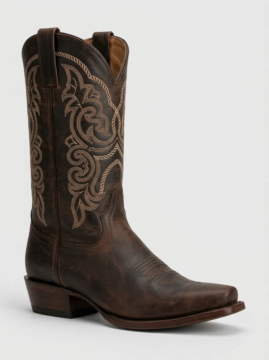 Men's Western Tonal-Embroidery Square-Toe Mid-Calf Tall-Shaft Pull-Tab Cowboy Boots