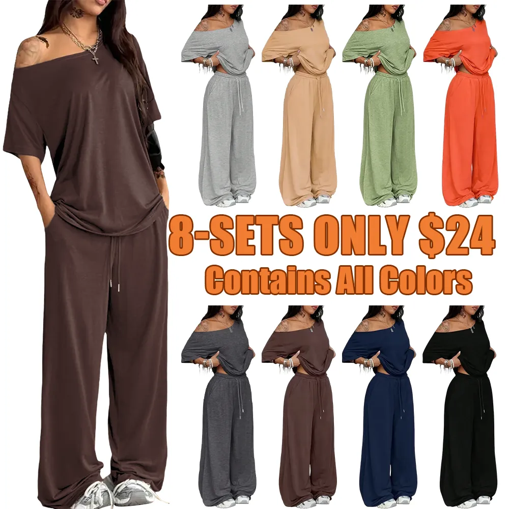 🔥Hot Sale💥Women's Off-Shoulder T-Shirt And Wide-Leg Pants Two-Piece Set🔥8-SETS- All Colors Included