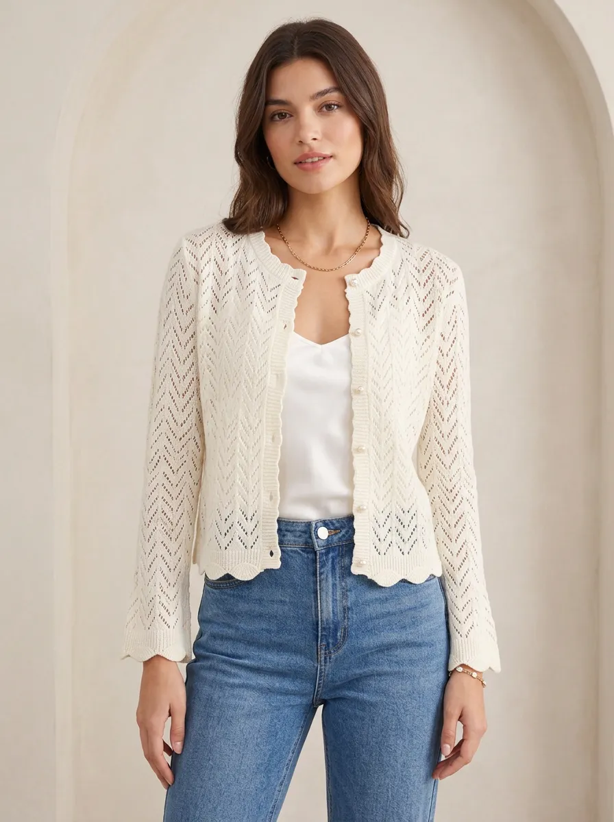 Women's Cream Chevron Pointelle Knit Button Up Cardigan