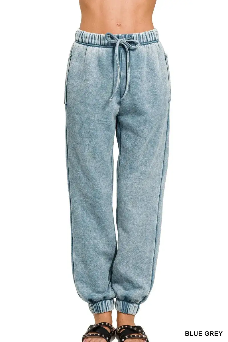 Refined Drawstring Pocketed Fleece Acid-Wash Sweatpants