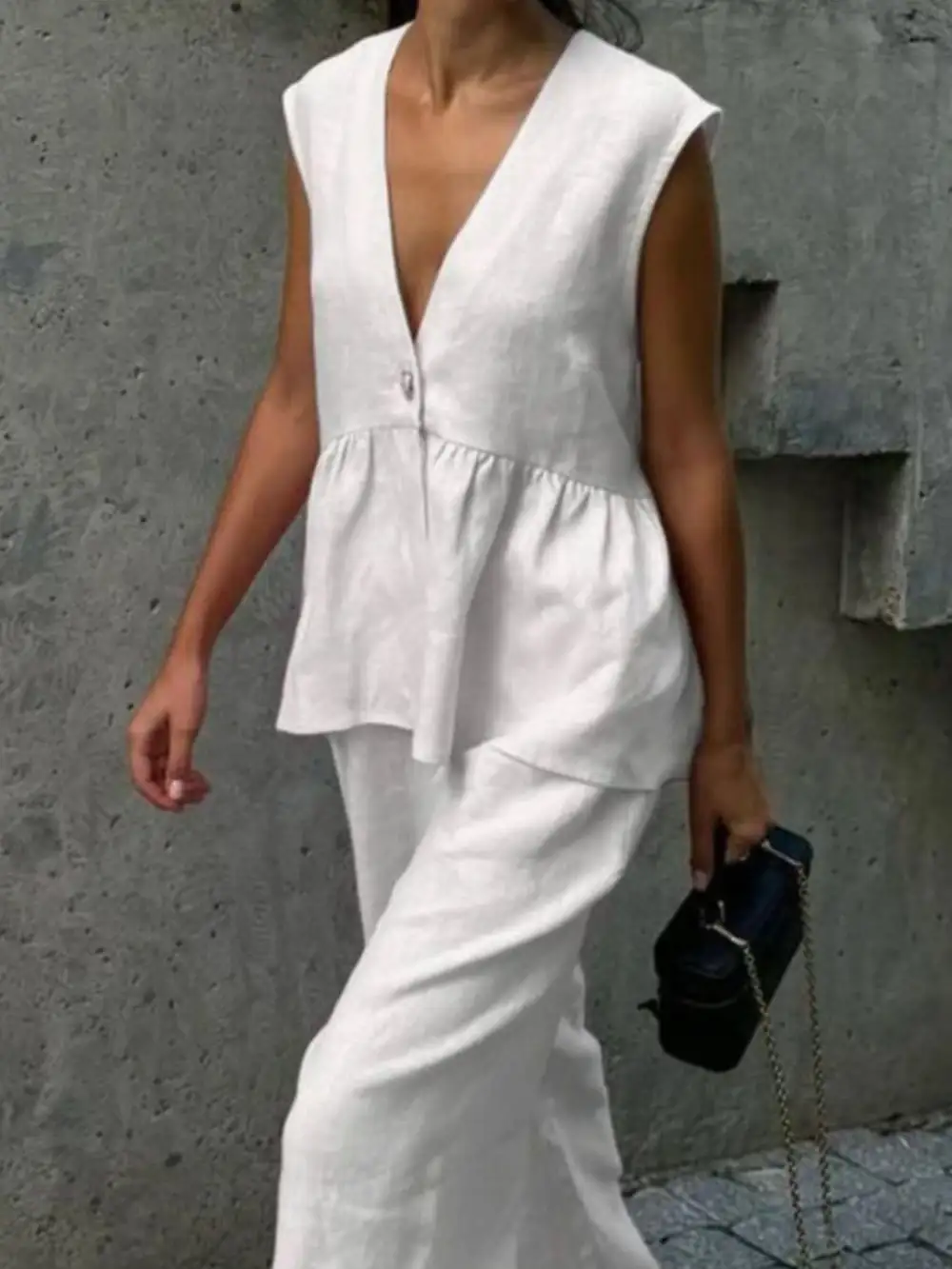 One Button Sleeveless Top and Wide-leg Pants Set