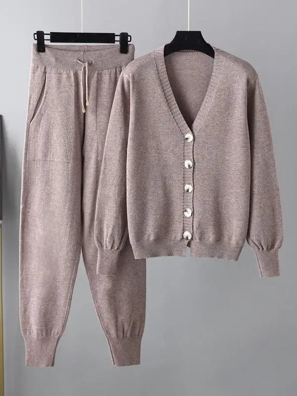 Relaxed V Neck Cardigan And Pants Set