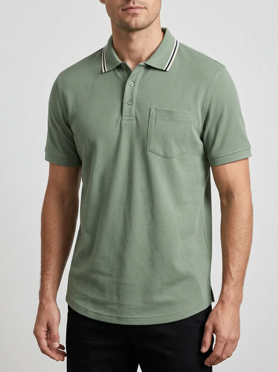 Men's Casual Sage Green Striped Collar Pocket Polo Shirt