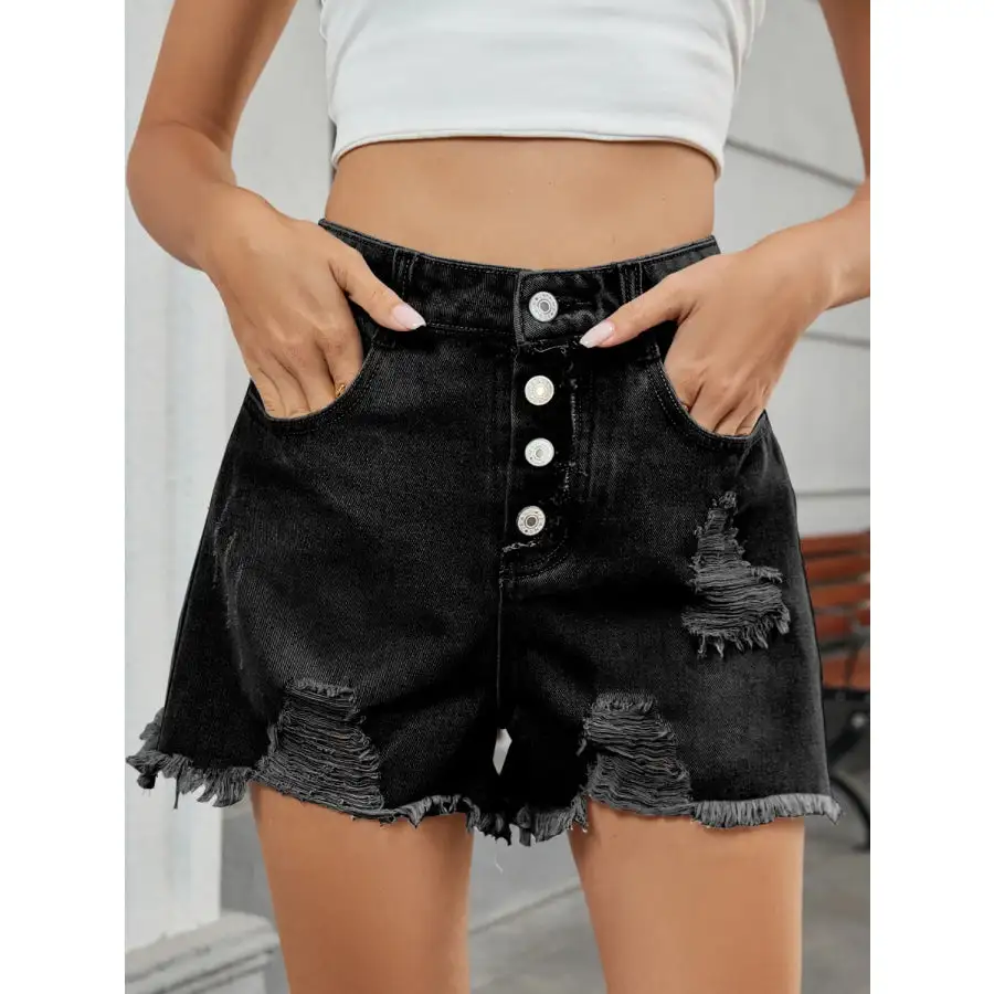Simple Distressed Raw Hem Denim Shorts
