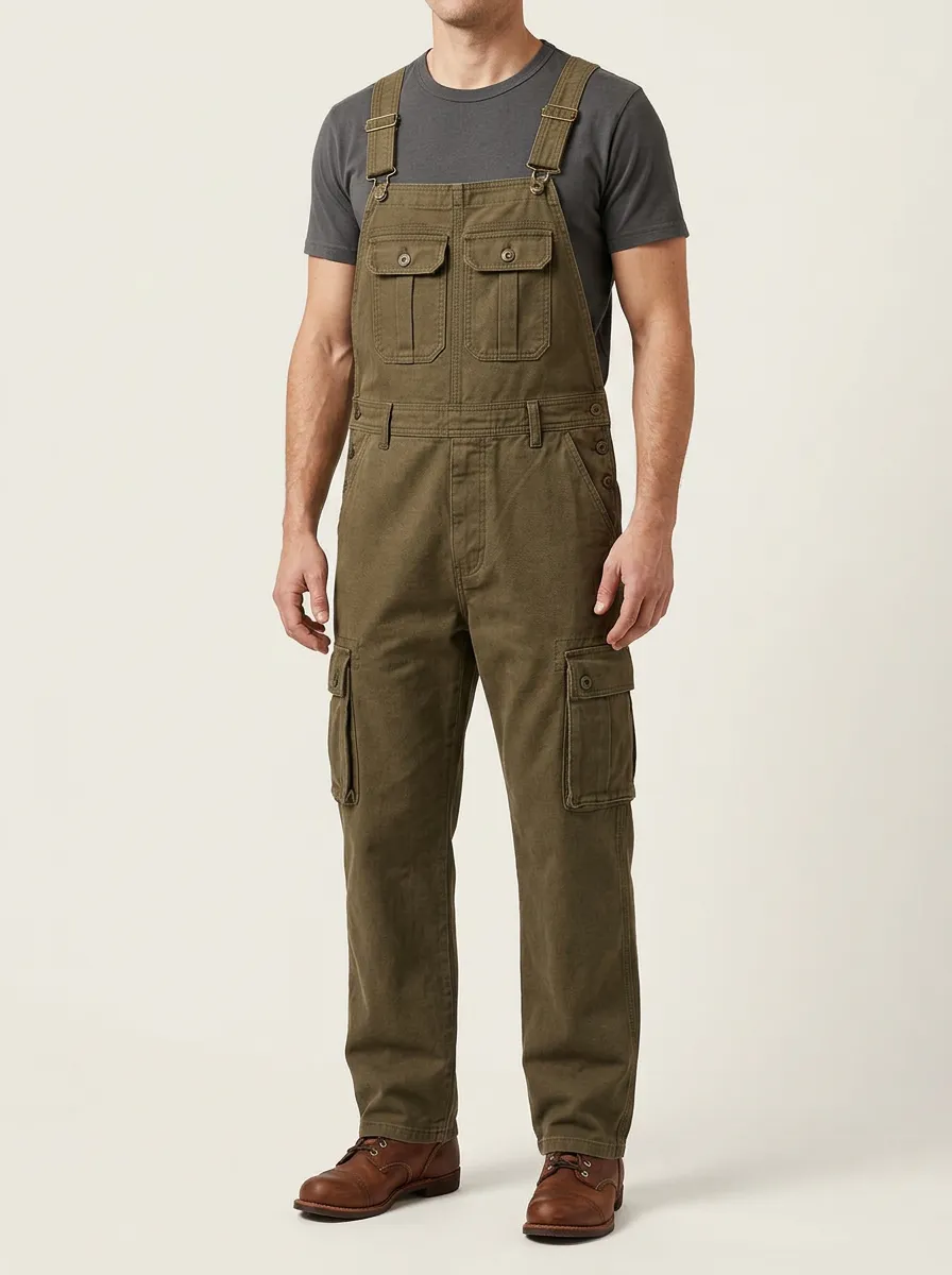 Men's Olive Green Cargo Bib Overalls with Adjustable Straps