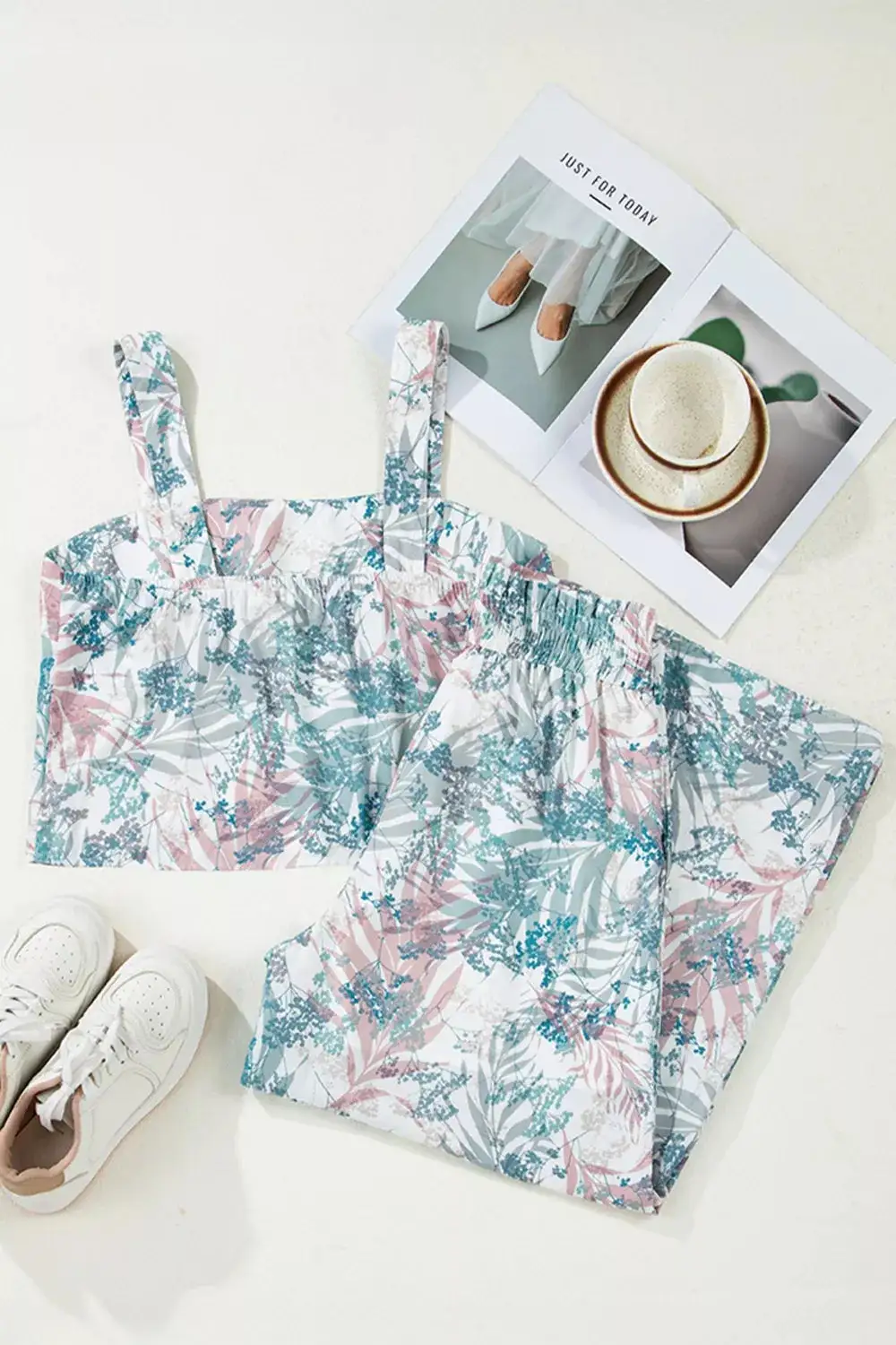 Floral Print Sleeveless Top and Wide Leg Pants Set