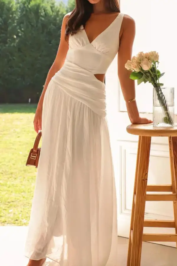 Ruched V-Neck Cotton Casual Dress