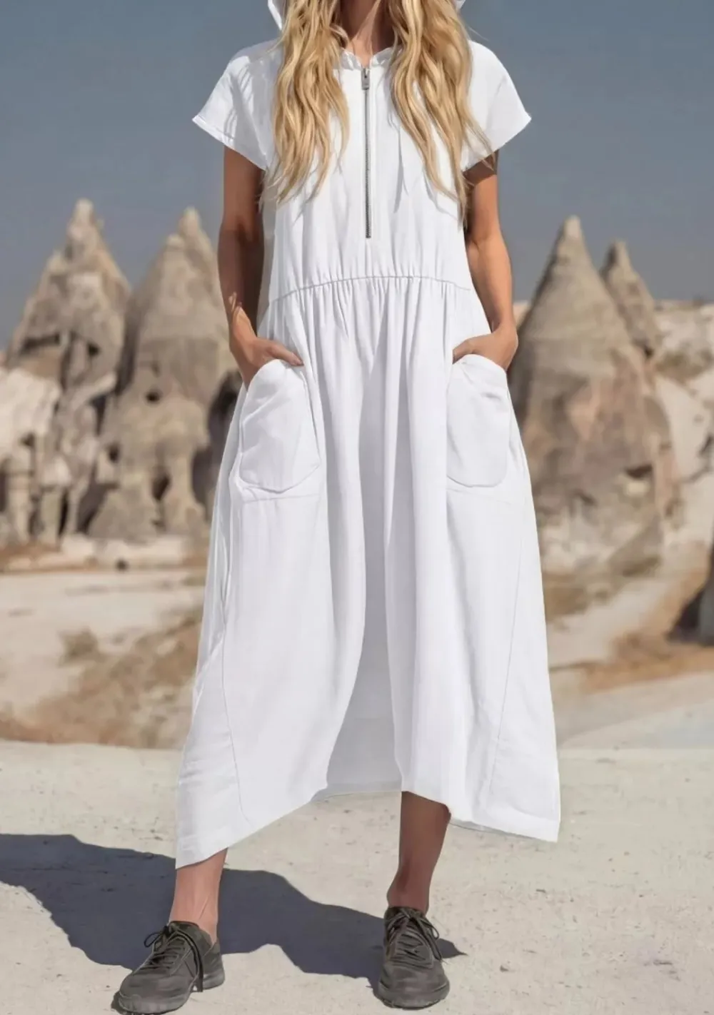 Full Size Hooded Midi Dress with Zipper and Pockets Plus Size