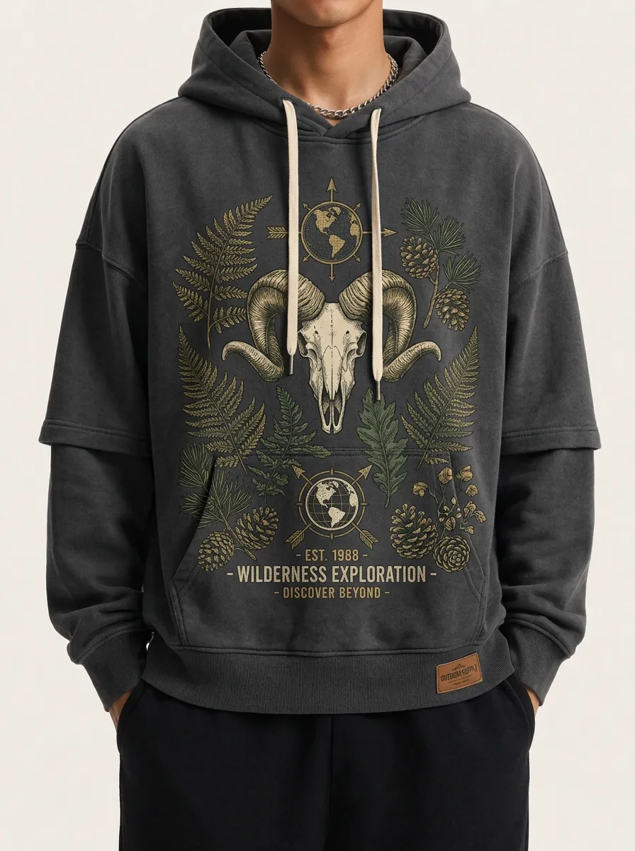 Men's Wilderness Exploration Ram Skull Fern Printed Hoodie