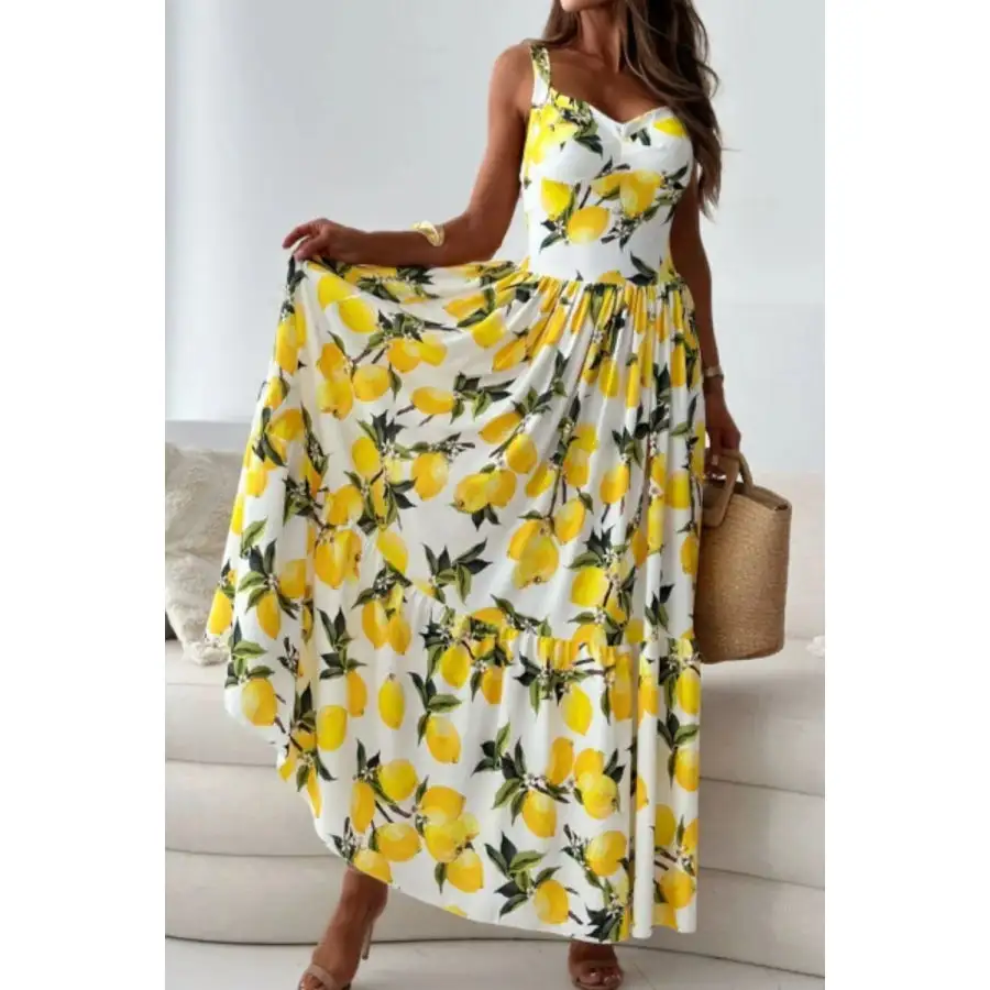 Lemon Print Sweetheart Neck Maxi Dress