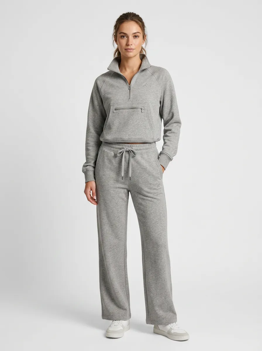 Women's Casual Sporty Grey Quarter-Zip Pullover and Wide-Leg Sweatpants Set