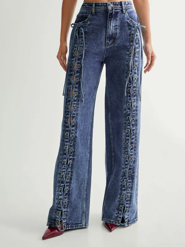 Women's Side Lace-Up Accent Wide-Leg Jeans