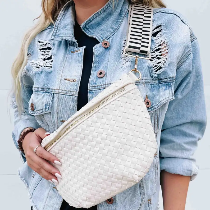 Woven Faux Leather Zip Crossbody Bag