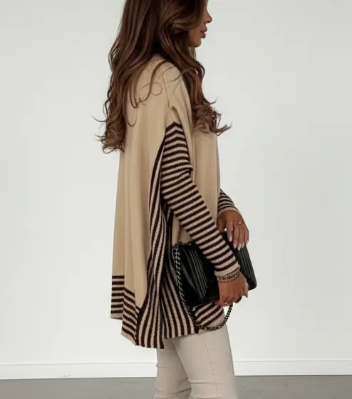 Women's Striped Patchwork Print Batwing Sleeve Split Hem Sweater
