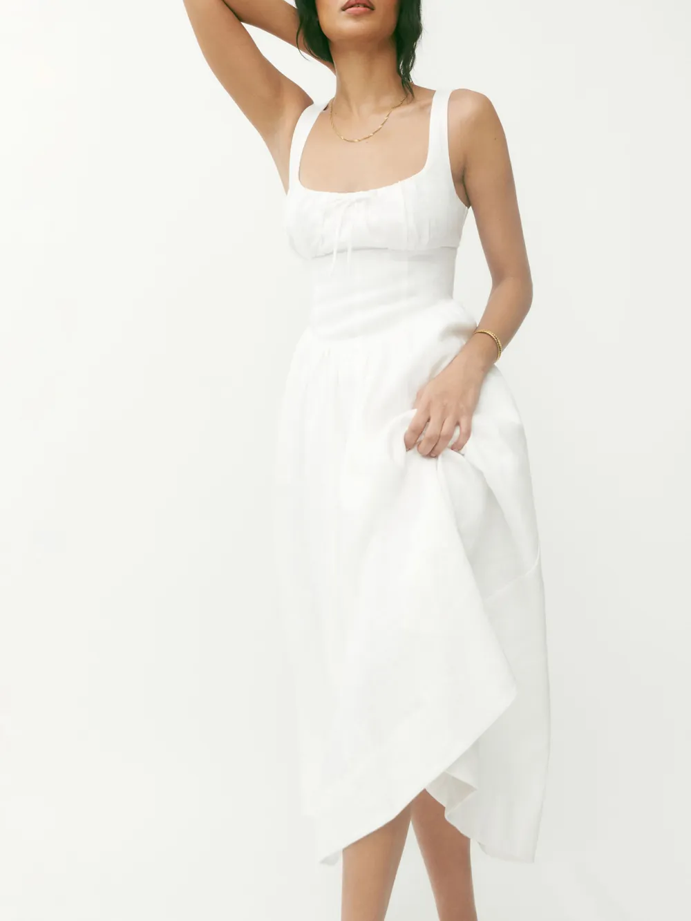 Square Neck Linen A Line Midi Dress