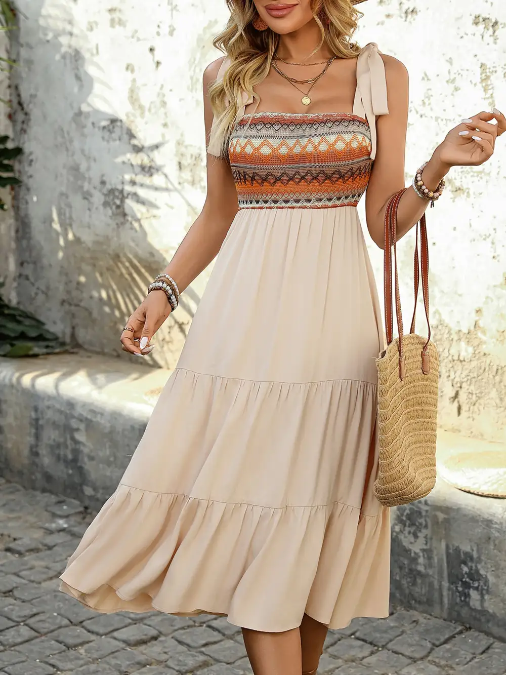 Boho Floral-Embroidered Sleeveless Tiered Midi Dress