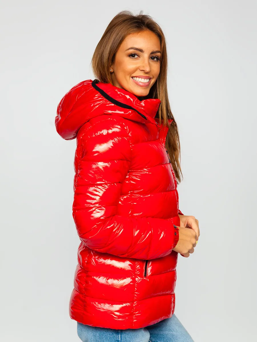 women's red quilted winter jacket with hood