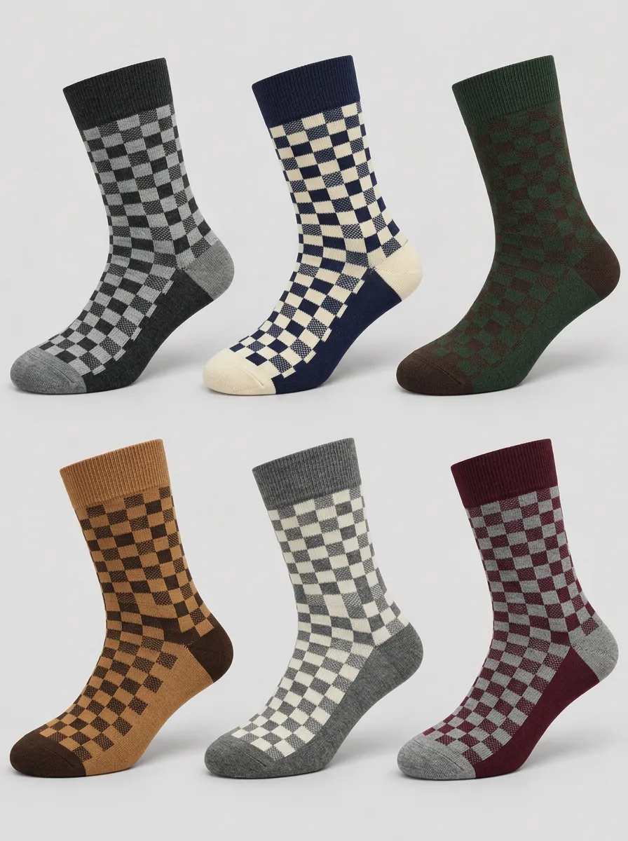 Men's Classic Multi-Color Checkerboard Ribbed Crew Socks 6-Pack