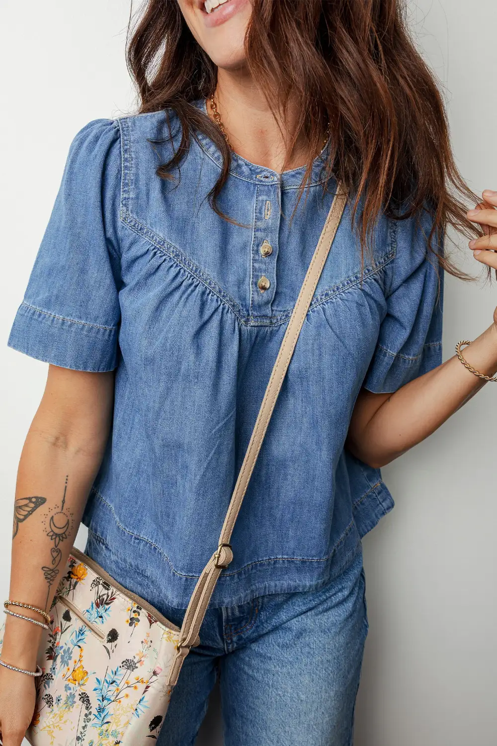 Pleated Button Front Short Sleeve Blouse