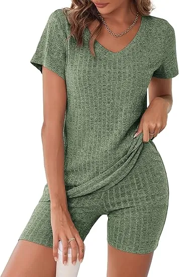 10PACK-Ribbed Pajama Short Sleeve Workout Set