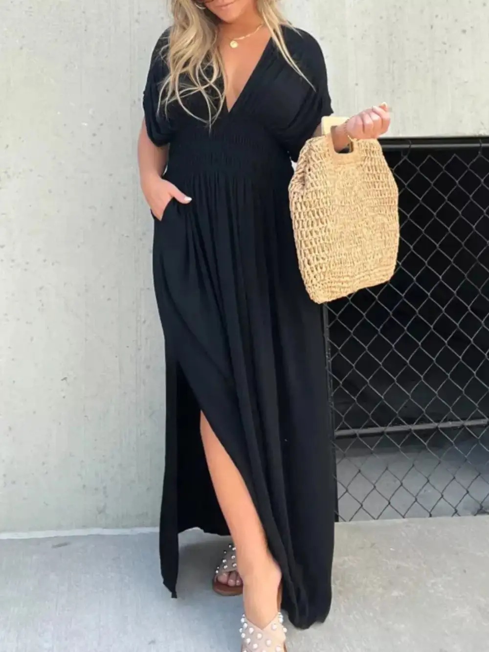V Neck Smocked Slit Maxi Dress