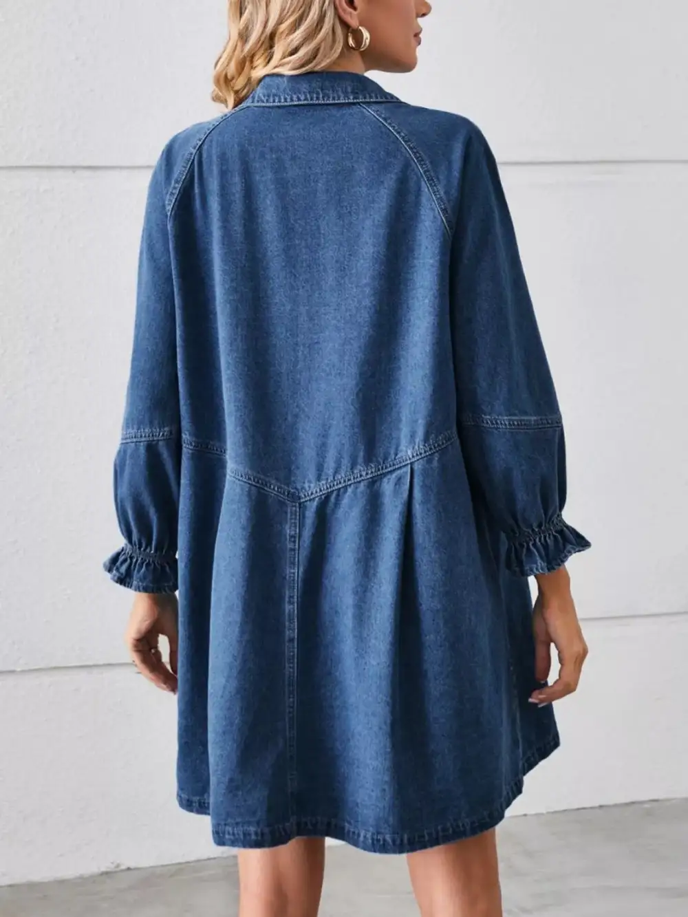 Gathered Detail Denim Button Front Ruffle Dress