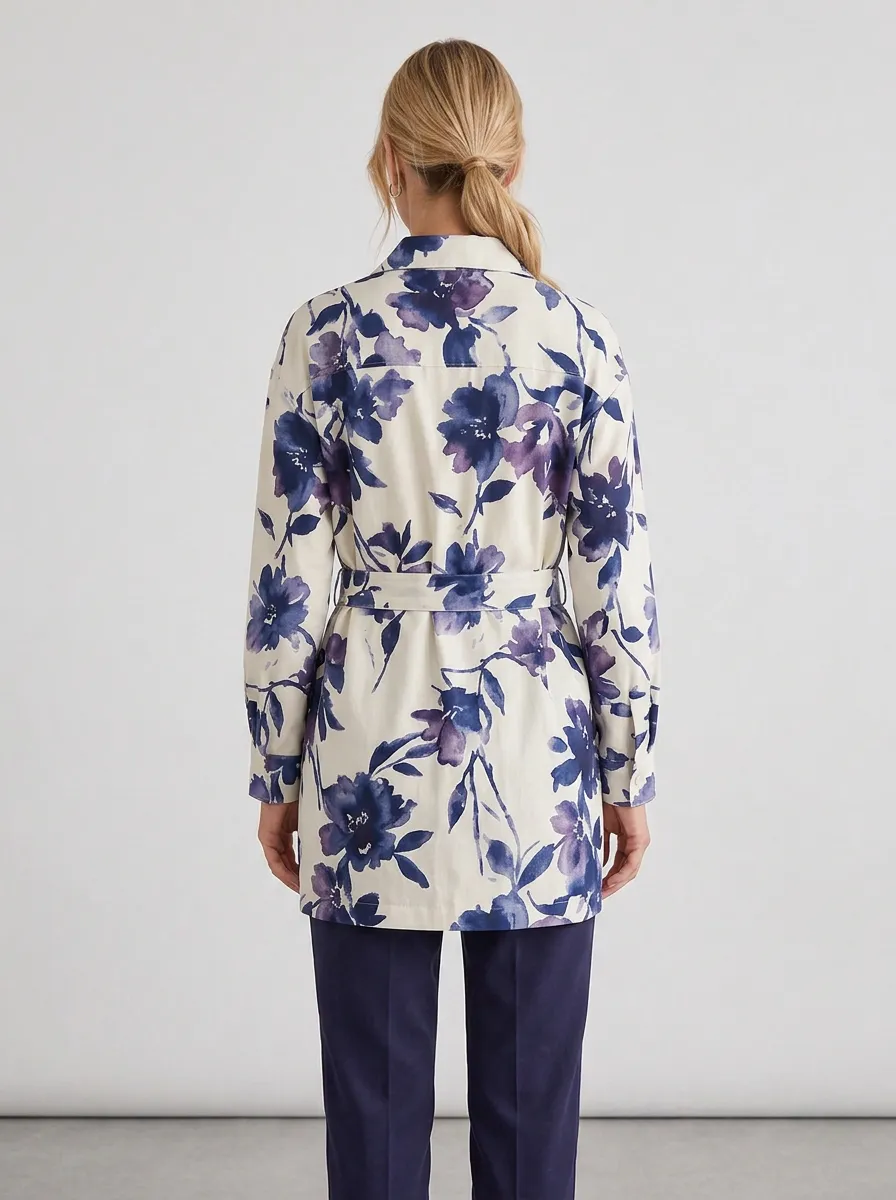 Women's Floral Pattern Blue Watercolor Printed Belted Jacket