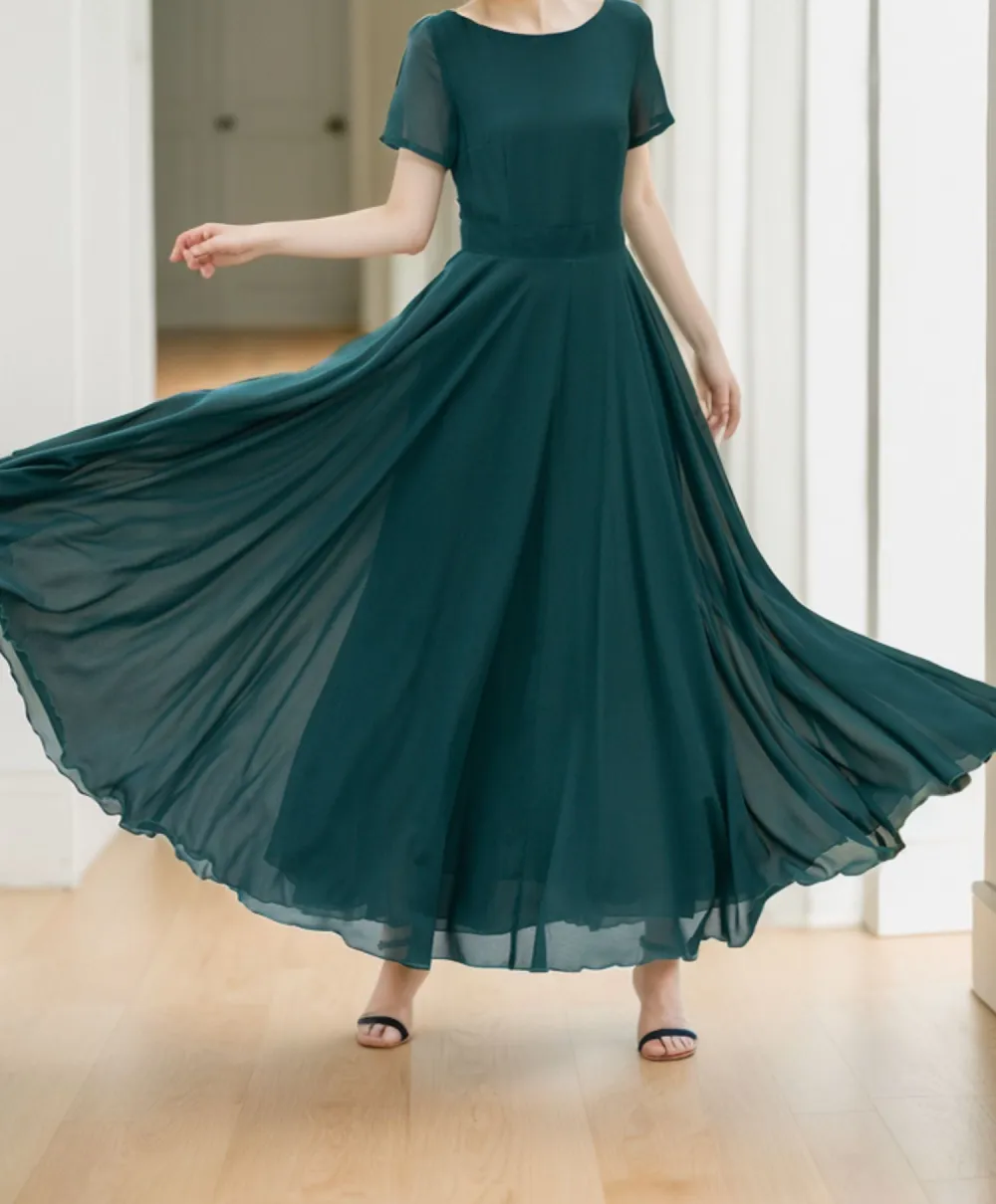 Modern Chiffon Fit And Flare Short Sleeve Maxi Dress