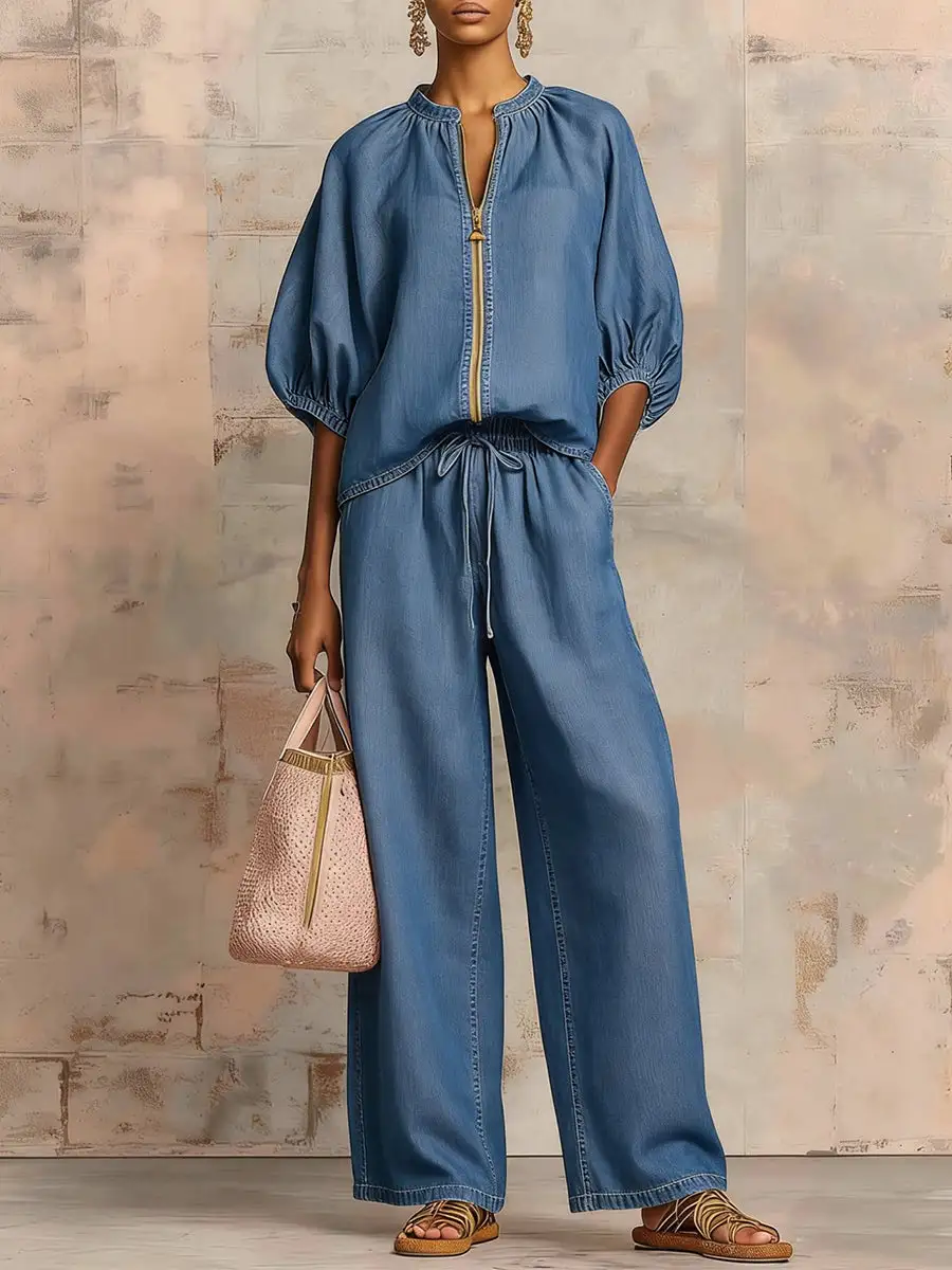 Half Sleeve Relaxed Drawstring Blouse And Pants Set