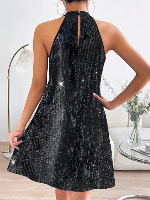 A Line Relaxed Hollow Sequined Solid Color Halter Neck Mini Dress