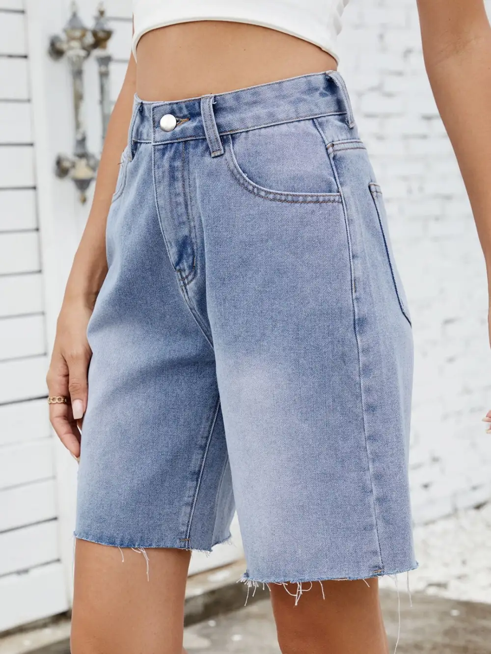 Textured Washed Raw Hem Denim Shorts