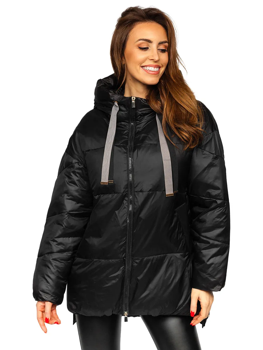 Women's Black Quilted Winter Jacket With Hood