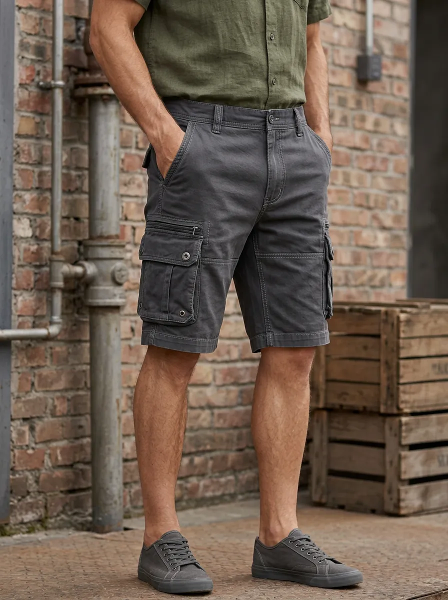 Men's Multi-Pocket Cargo Shorts Featuring Zip Fly